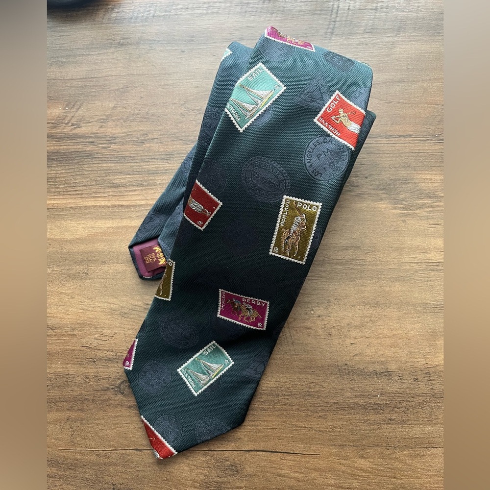 POLO RALPH LAUREN Dark Green Blue Silk Tie with Multicolor Stamp Motif